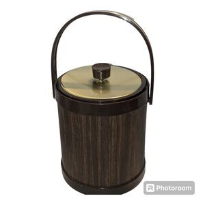 ATAPCO Ice Bucket Vintage MCM Brown Wood Grain Pattern Gold Lid 10" Great Cond